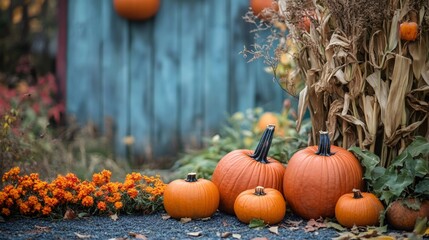 Pumpkins decorating a rustic autumn garden with orange flowers and corn stalks