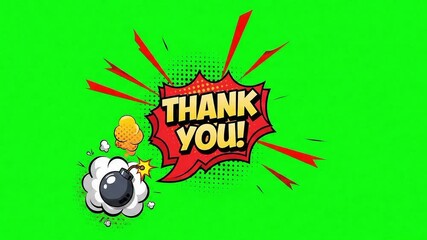 Thank you animation in comic style with bomb and green screen background for video editing and presentations