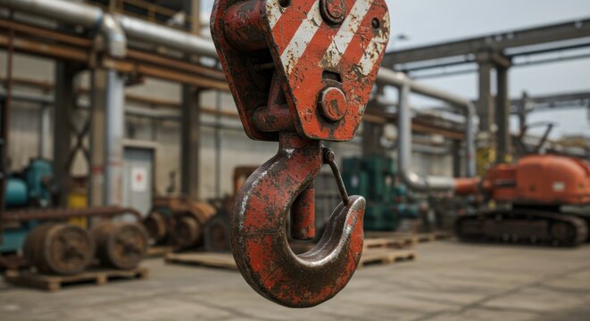 Close-up of a weathered industrial crane hook against a backdrop of machinery - Powered by Adobe