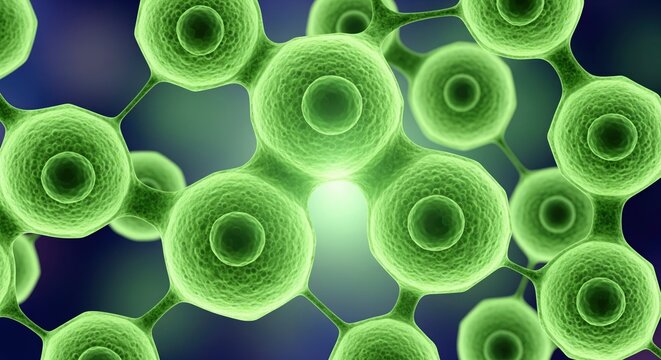 Green cell cluster interconnected with nodes on blue backdrop illuminated