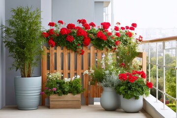 Fototapeta premium Red geraniums decorating a small balcony garden with wooden fence