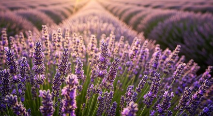 Lavender field purple flowers in focus sunlit background of receding rows