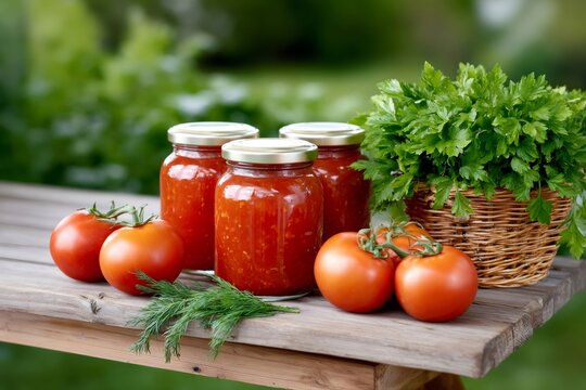 Homemade tomato sauce preserving process with fresh ingredients