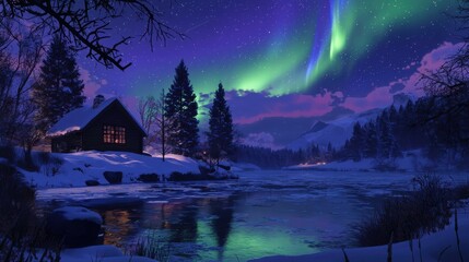 Fototapeta premium Northern Lights Over Snowy River Cabin