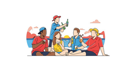 Diverse Group of Friends Enjoying Drinks Together on a Sunny Beach Illustration with Blue Sea and Red Sandstone Hills Backdrop
