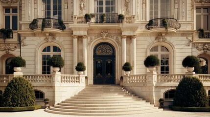 Obraz premium Stunning mansion entrance featuring arched doorway and lush hedges in afternoon sunlight