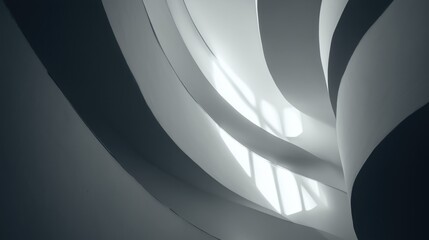 Monochrome architecture with twisting Abstract architectural design with curves and light creating a modern aesthetic.