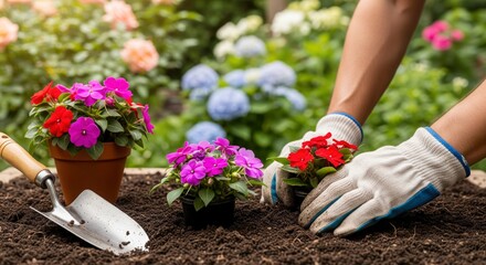 Fototapeta premium Person planting colorful flowers with gloves amidst greenery and a gardening trowel