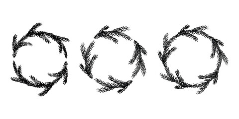 Set of hand drawn Christmas decoration border with spruce branches. Wreath doodle. Christmas, winter and New Year design element