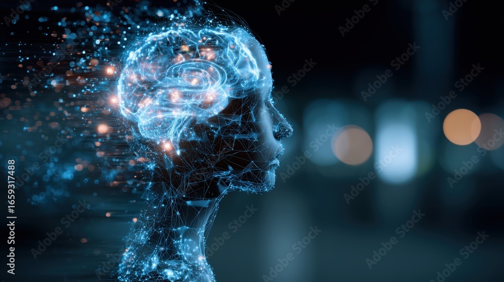 Aufkleber neural network web connecting across glowing brain digital representation of a human head with abstr