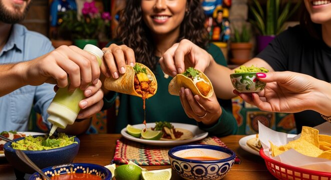Three people eating tacos with condiments chips and guacamole at a restaurant