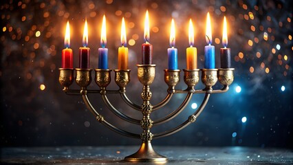 Fototapeta premium Traditional Brass Menorah with Colorful Candles Lit for Hanukkah