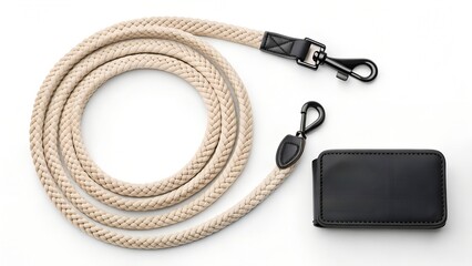 Cream Rope Dog Leash with Matching Black Leather Pouch