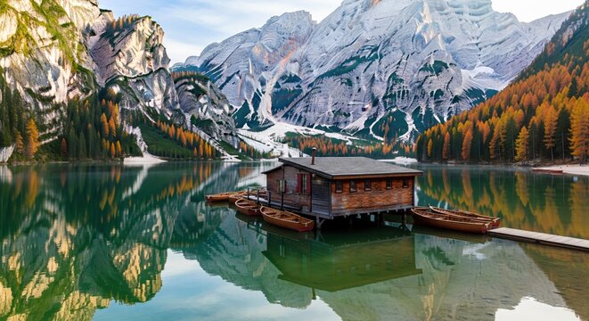Tranquil lake scene with a wooden boathouse surrounded by mountains and lush trees reflecting in the water - Powered by Adobe