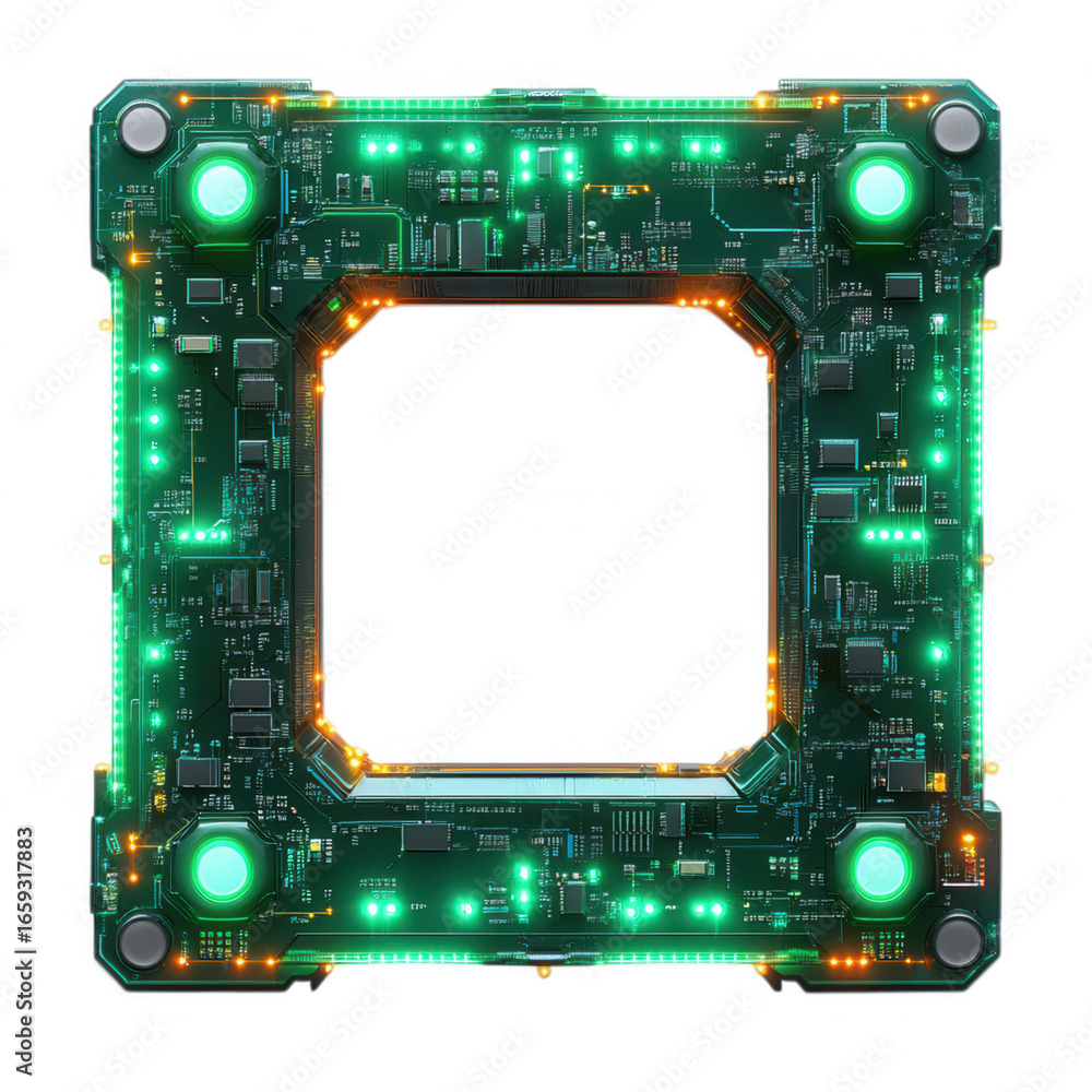 Fototapete futuristic glowing green circuit board frame with a central black void intricate technological desig