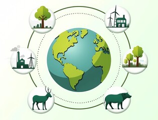 Modern infographic-style artwork showing actions to stop climate change: reducing pollution, planting trees, using renewable energy, and protecting wildlife. Clean design, clear educational tone