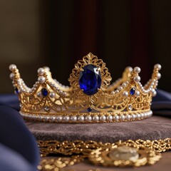 Obraz premium Golden Crown with Blue Gems, on Velvet, Elegant Background