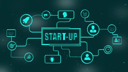 Startup concept infographic with icons and connections on dark background startup, business, launch, new venture, entrepreneurship, innovation, growth, development, idea, rocket, success - Powered by Adobe