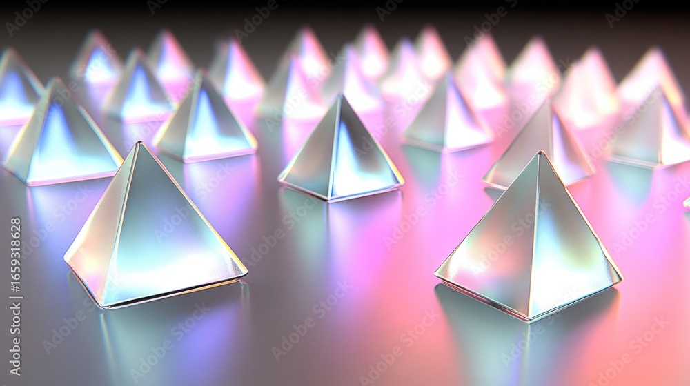 Poster iridescent pyramids on reflective surface: a mesmerizing abstract 3d rendering