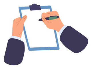 Businessmans hands holding pen or clipboard with blank sheet of paper. Man writing down goals or to do list. Business document plan. Notepaper at tablet. Signature at page. Vector concept