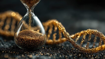Golden hourglass and DNA helix on dark background