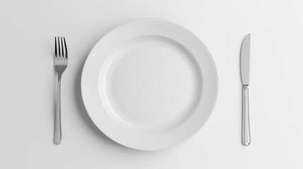 Luxury white tableware set including plates, knife, and fork, neatly arranged on a clean white background, elegant and minimal composition.
