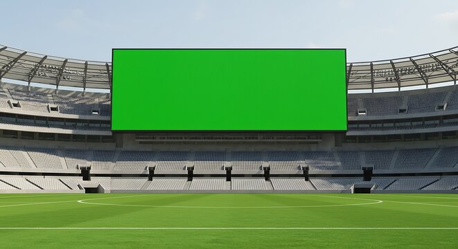 Modern empty sports stadium with a large green screen scoreboard display. Ideal for digital content, advertising, live event projection, or sports event mockups.