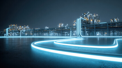 Obraz premium Energy-efficient manufacturing plant with glowing pipeline network