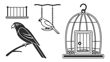 Naklejka premium Bird Cage and Birds Vector Icons Set - Parrots, Songbirds, Aviary, Pet Birds, Tree Branch Birds, Wildlife Silhouettes, Nature Decorative Birdcage Illustrations for Design.