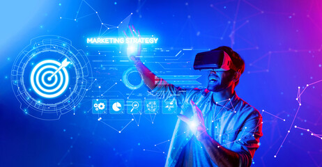A person wearing a virtual reality headset interacts with holographic displays showcasing an innovative marketing strategy aimed at targeted business audiences. XDMCP