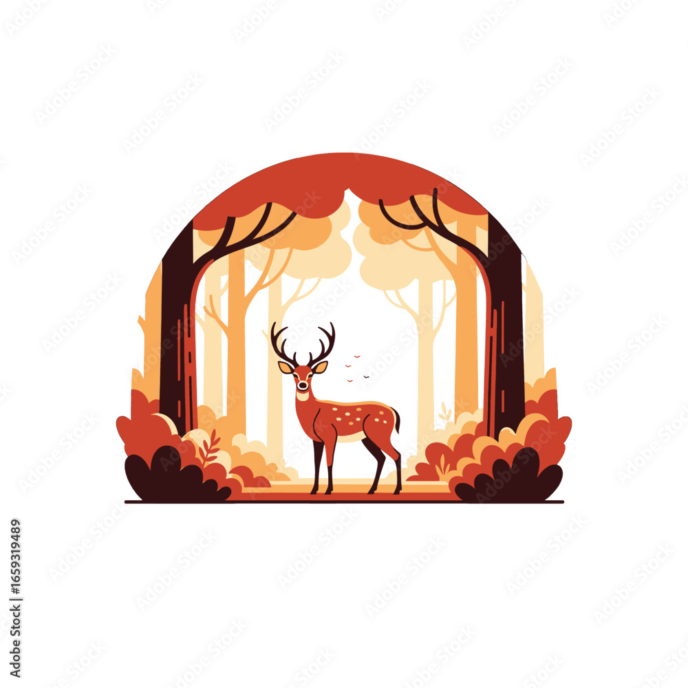 Poster pixel art of a stag in a warm toned forest with tall trees and dense foliage in isolated backdrop