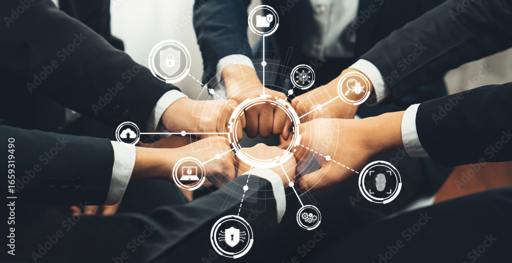 Poster a diverse group of business professionals collaborates to emphasize teamwork in achieving security g