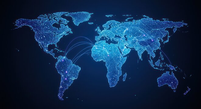 A glowing blue digital representation of Earth. Continents are illuminated with nodes connected by curving lines, suggesting global networks