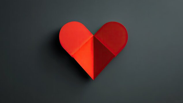 Red origami heart on dark gray background