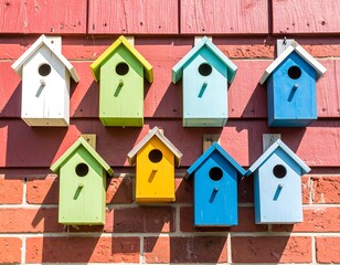 Colorful Birdhouses on Brick Wall