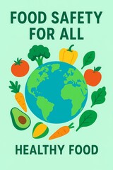 Poster design, clean modern style, showing a globe with healthy vegetables and fruits surrounding it, symbolizing food safety for all, bright green and blue tones, educational infographic feel