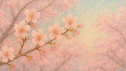 Oil painting of cherry blossoms in traditional Japanese colors sakura-iro, momoiro, and sora-iro, pointillism-style spring illustration with soft pastel tones and blooming branches