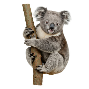 Cute koala bear clinging to tree branch on white background. Really cute animal.

