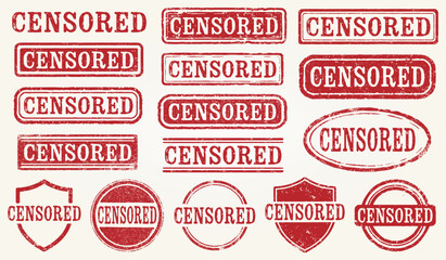 Censored Grunge Stamp Set. A Collection Of 16 Vintage Red Censored Vector Rubber Stamps With A Distressed Grunge Texture. Perfect For Documents, Reports, Websites, Posters. Isolated on background. 