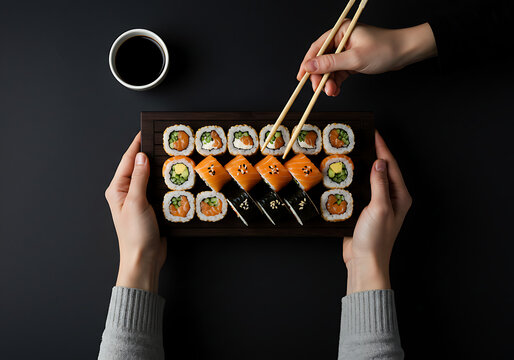 Hands holding a wooden tray of assorted sushi rolls with chopsticks picking up a piece, presented on a sleek black surface, showcasing culinary artistry.