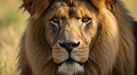 Majestic lion with a golden mane stares intensely forward, set against a blurred savanna background