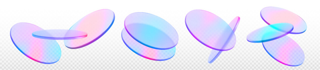 3d holographic podium elements with translucent gradient discs. Floating iridescent pink, blue and purple ovals overlapping on transparent background for modern display design. Glass like surfaces.