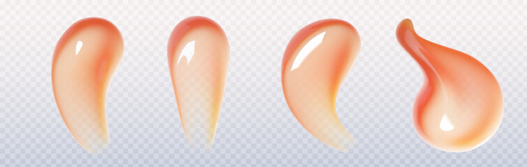 Glossy lip gloss swatch collection - peach coral colors smooth gel texture swatches with different application thickness. Beauty product samples for makeup cosmetic testing and shade display.