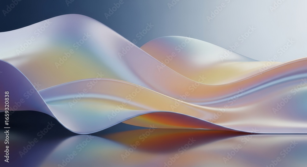 Poster abstract flowing waves of iridescent, colorful material creating a smooth, elegant, and modern backg