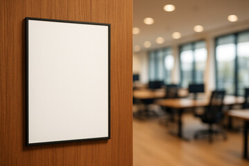 Modern office interior with a blank poster frame mockup on a wood wall, template for advertising and corporate branding.