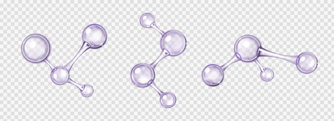Glossy chemical molecules with atom connections - 3d purple spheres linked by bonds for science visualization. Transparent bubble particles in molecular chains for educational or cosmetic graphics.