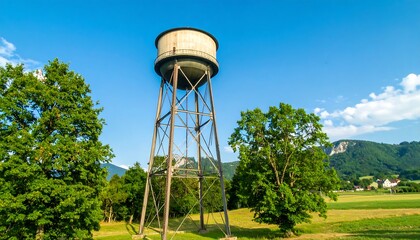 Old water tower in a rural landscape