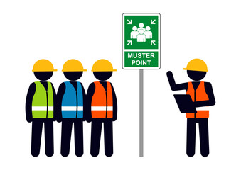 Stick figure of safety officer explaining the assembly muster point to the employee. industrial standar for occupational health and safety at workplace.