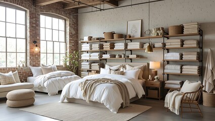 Two beds with white bedding in a loft style room bedroom
