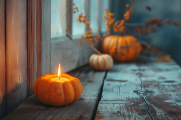 Obraz premium Autumn still life with pumpkin and candle, cozy seasonal mood.